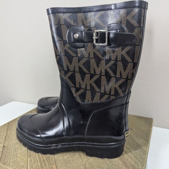 Michael Kors Logo Rain Boots – Black & Brown Monogram – Women’s Size 8 - Picture 2 of 8